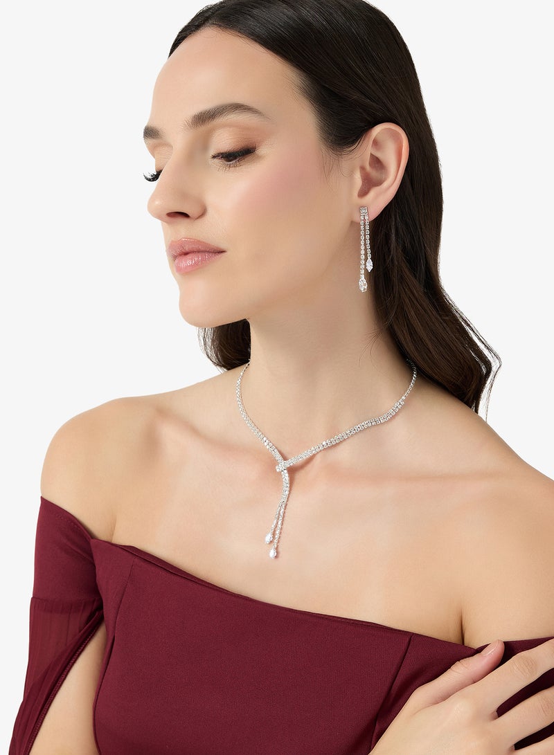 Ella Limited Edition Diamonte Embellished Rhinestone Detailed Necklace With Drop Down Earrings Silver Set - Image 5
